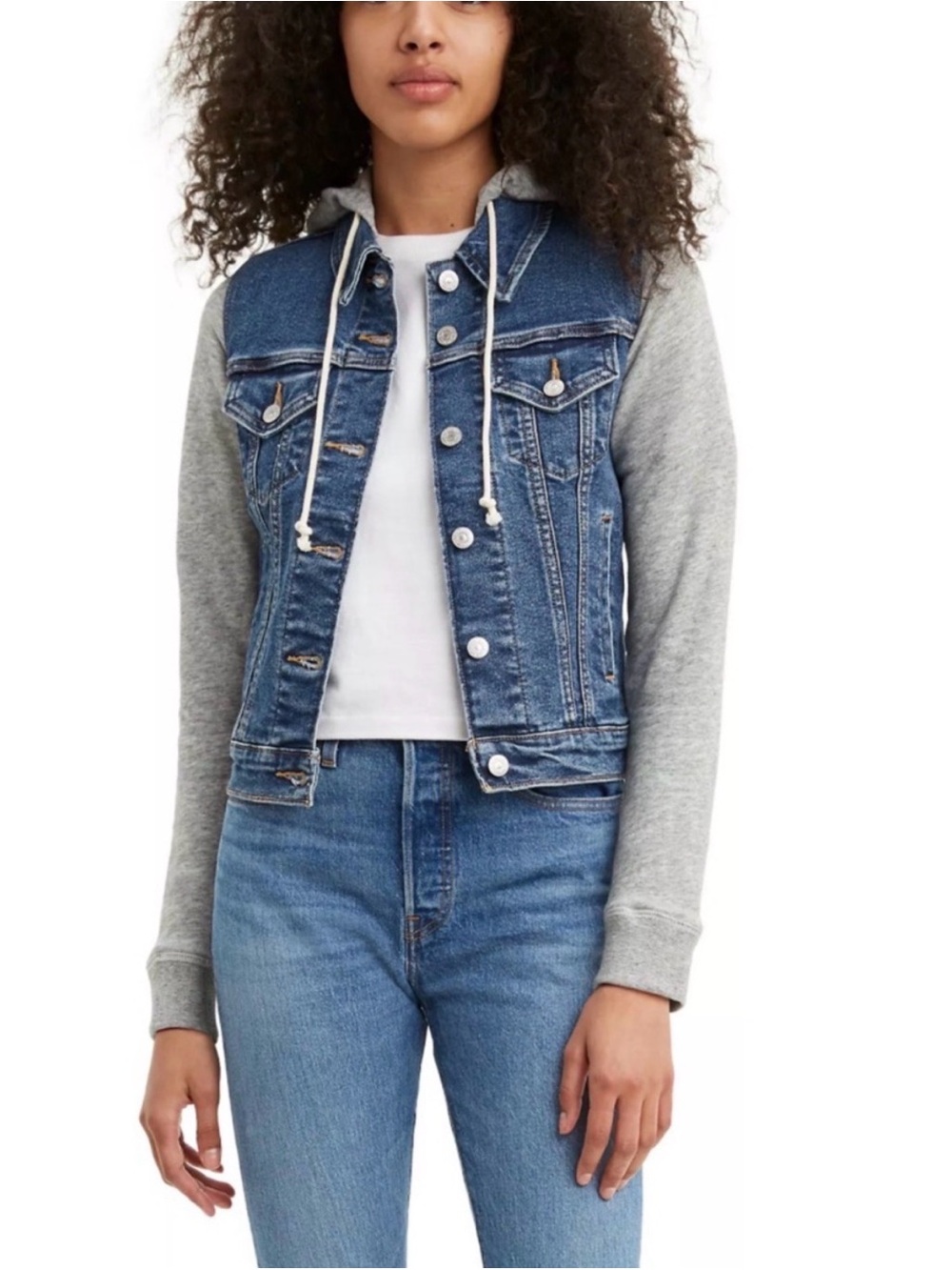 Levi's Hybrid Trucker Hooded Button Denim Jacket Blue Gray Women's M
